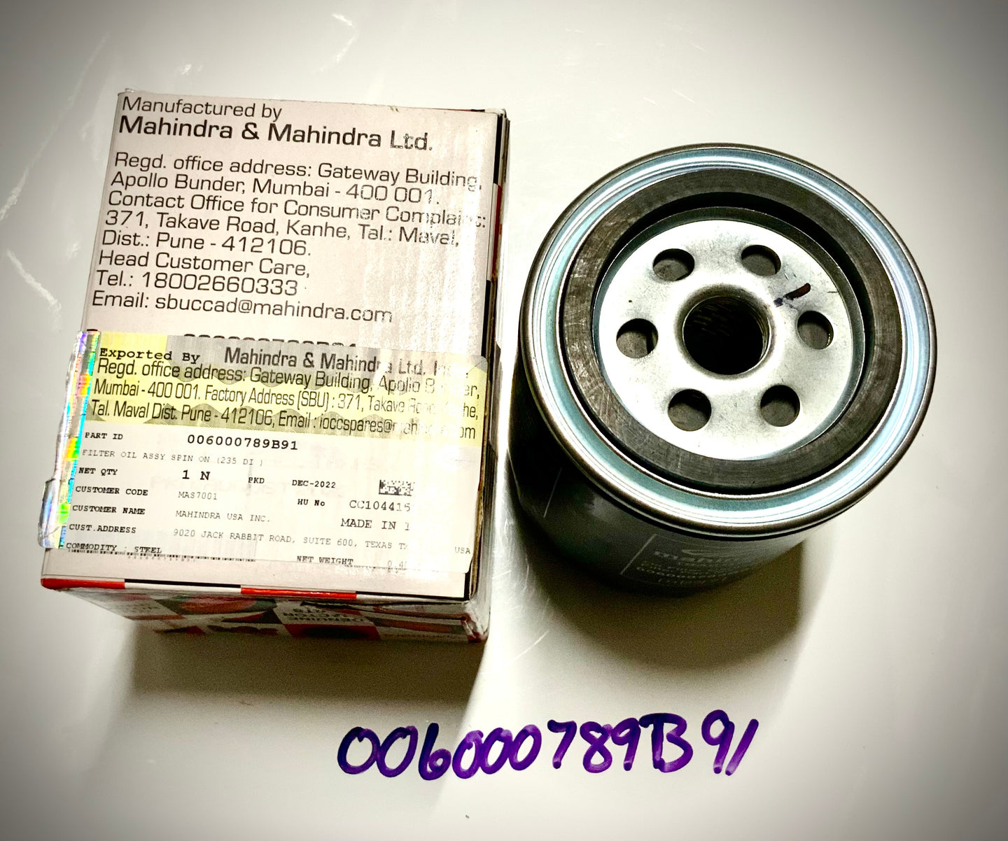 Mahindra Engine Oil Filter Spin On, 006000789B91