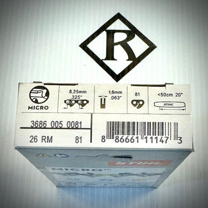 Stihl Chain 20" Micro .325 RM .063 81 DL Loop Low Vib, 26RM 81, 36860050081