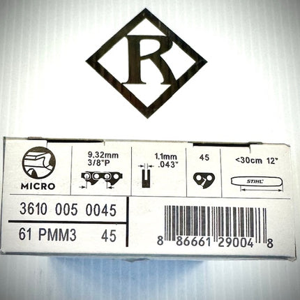 Stihl  Chain 12", 3/8" Picco Micro Mini 3, .043 45 Drive Link, 61PMM3 45, 36100050045