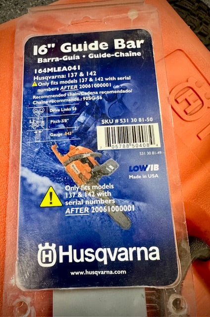 Husqvarna 16" Chainsaw Bar, 56DL 3/8" .043, 531308150