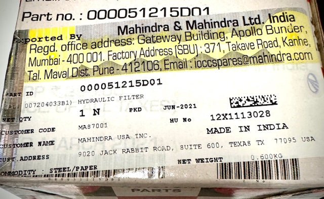 Mahindra Hydraulic Filter Suction, 000051215D01