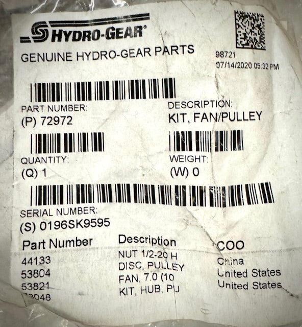 Hydro-Gear Kit, Fan/Pulley, HG72972