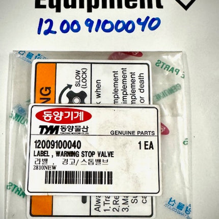 TYM Decal Label, Warning Stop Valve, 12009100040
